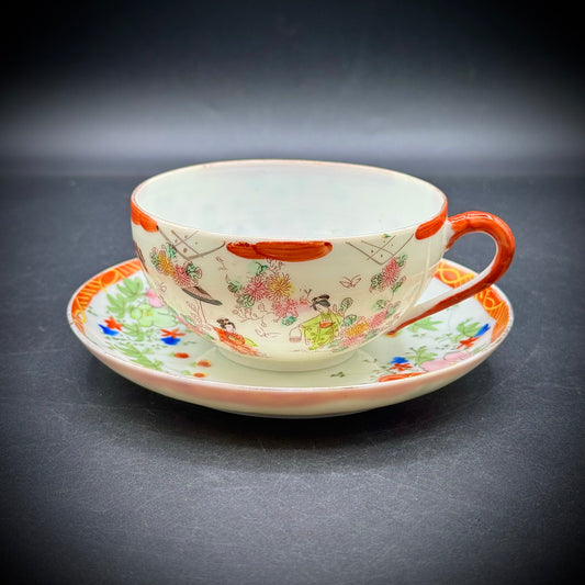 Vintage Japanese Geisha Motif Delicate Tea Cup & Saucer