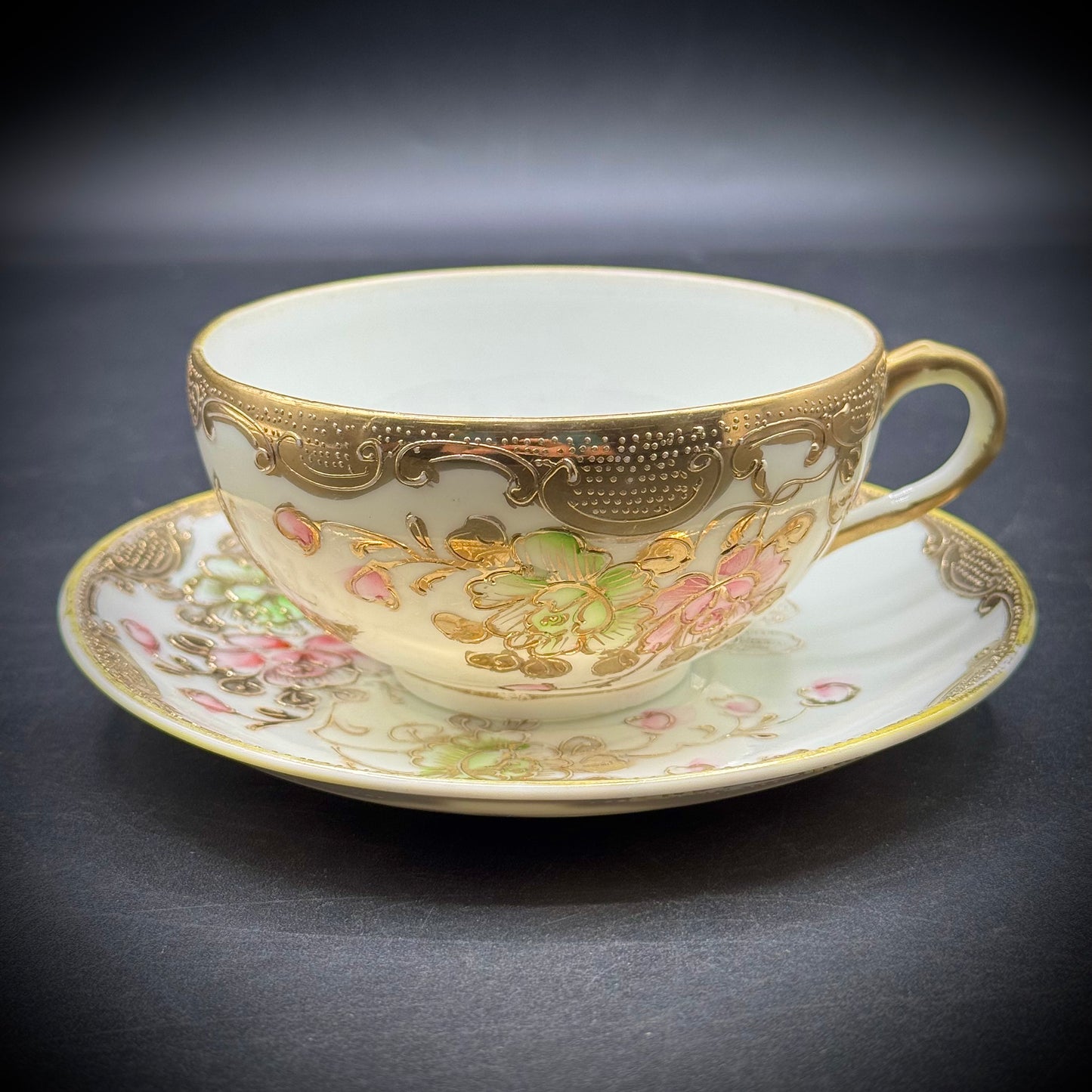 Vintage Hand Painted Nippon Japan Butterfly & Gold Motif Tea Cup & Saucer