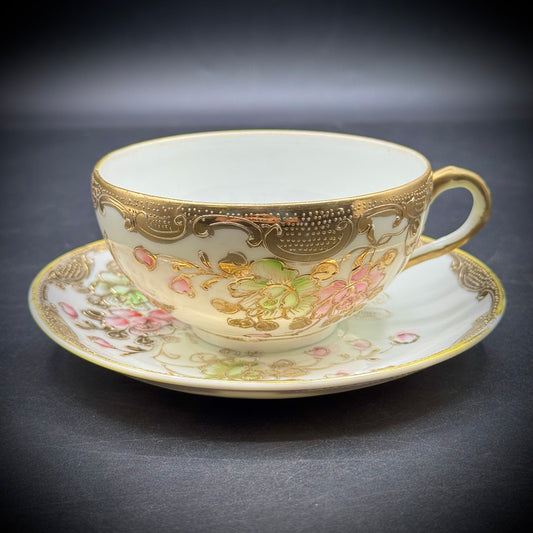 Vintage Hand Painted Nippon Japan Butterfly & Gold Motif Tea Cup & Saucer