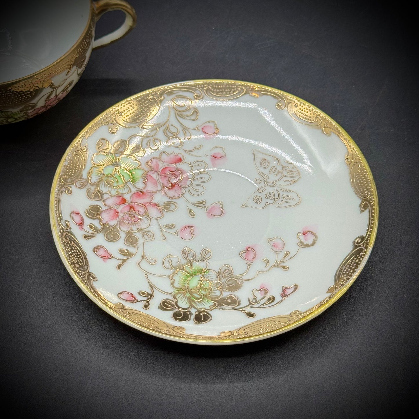 Vintage Hand Painted Nippon Japan Butterfly & Gold Motif Tea Cup & Saucer