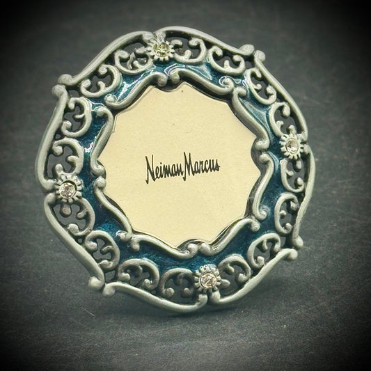 Jay Strongwater Neiman Marcus Small Frame #08 - Round Silver Scrollwork with Blue Enamel & Crystals