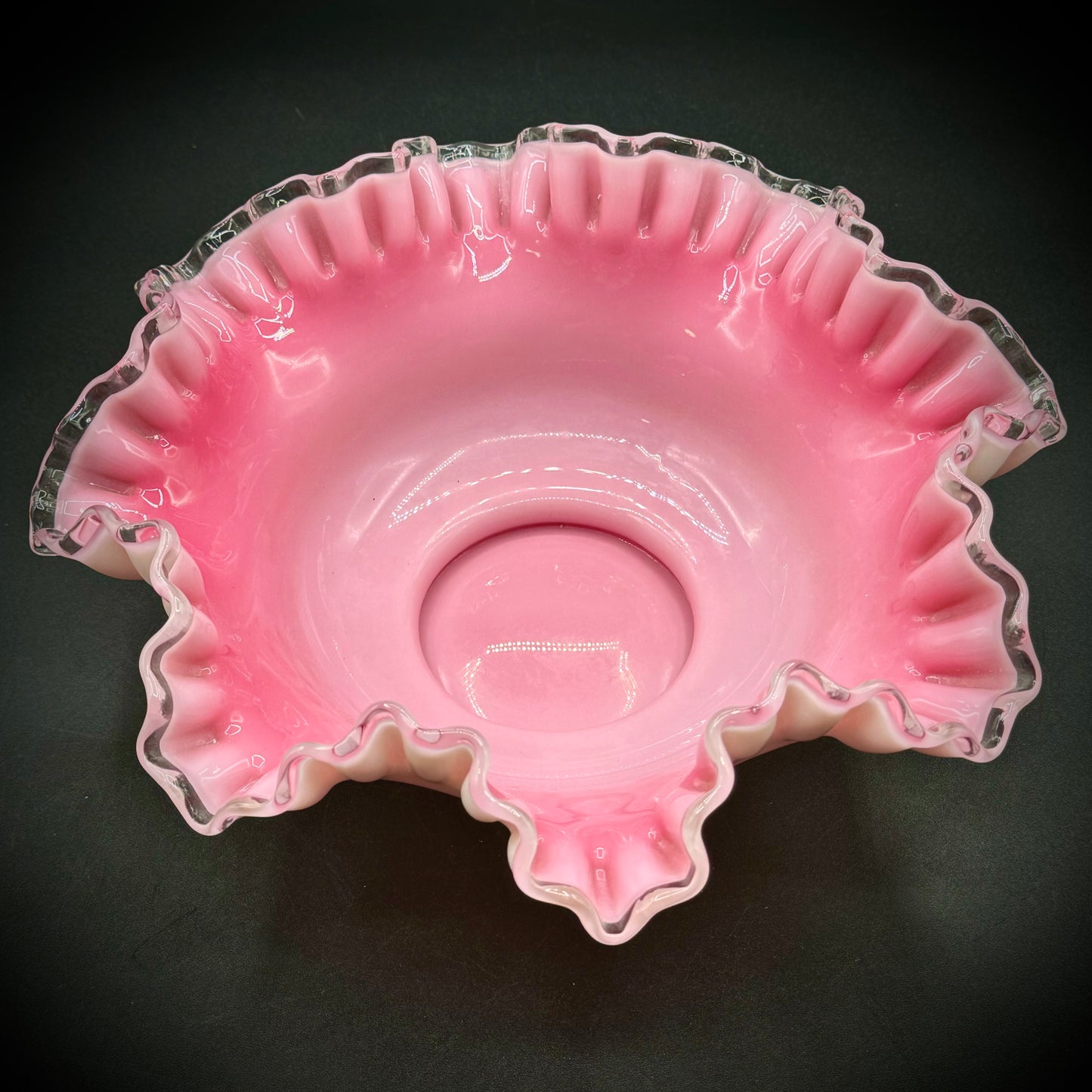 Vintage Fenton Pink White Silver Crest Double Ruffle Edge Cased Glass Bowl