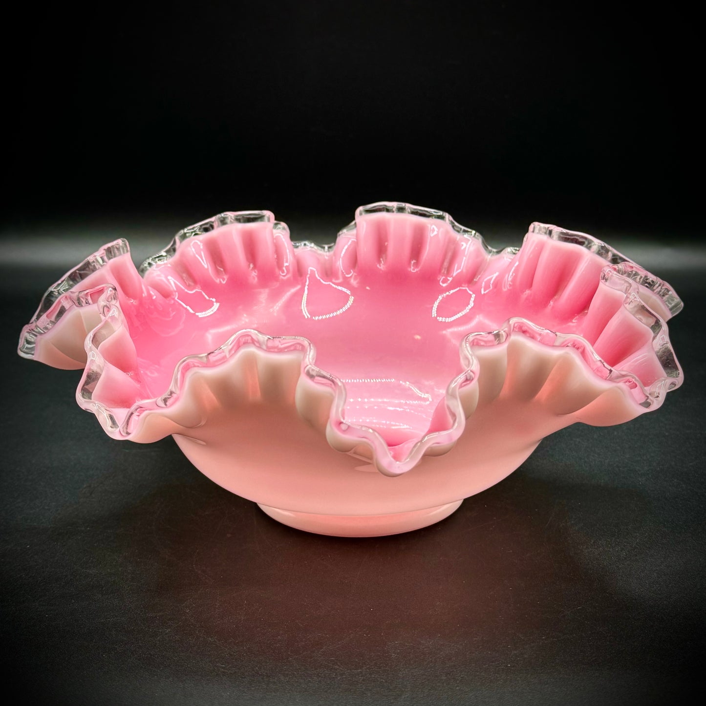 Vintage Fenton Pink White Silver Crest Double Ruffle Edge Cased Glass Bowl