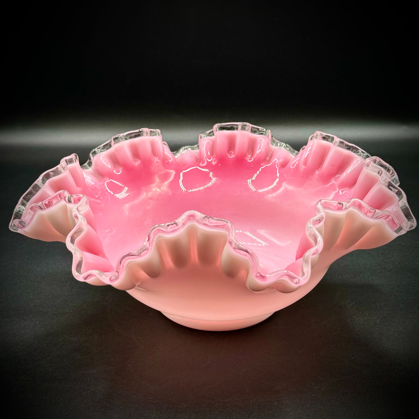 Vintage Fenton Pink White Silver Crest Double Ruffle Edge Cased Glass Bowl