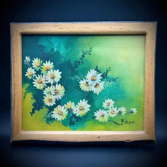Original Artist Signed Flower Motif Oil Painting in Hand Made Wood Frame