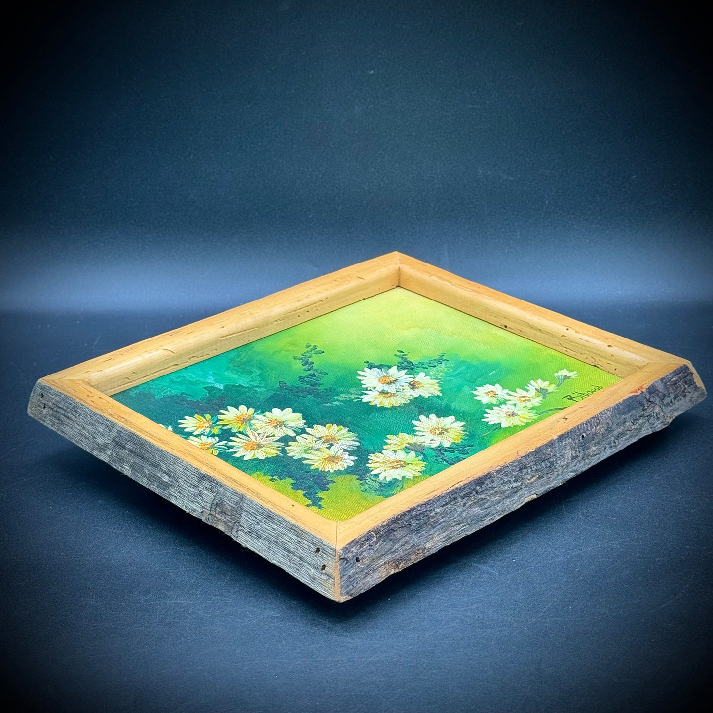 Original Artist Signed Flower Motif Oil Painting in Hand Made Wood Frame