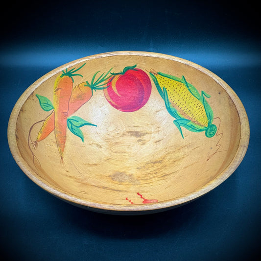 Hand Painted & Turned Wood Bowl with Vegetable Motif