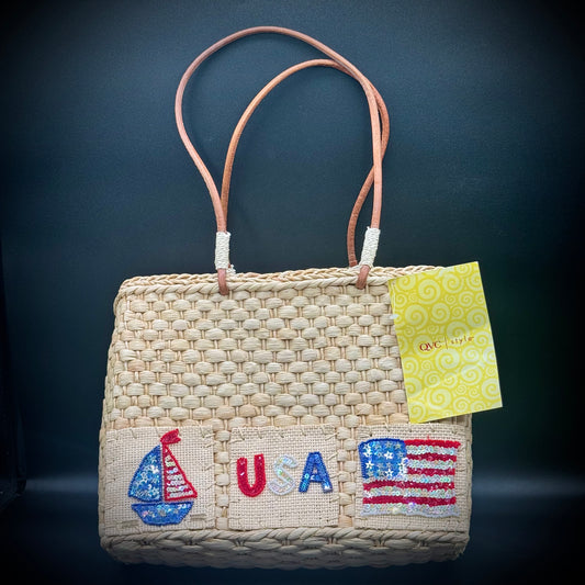 QVC Style USA Patriotic Motif Straw Bag with Large Handles - New with Tags