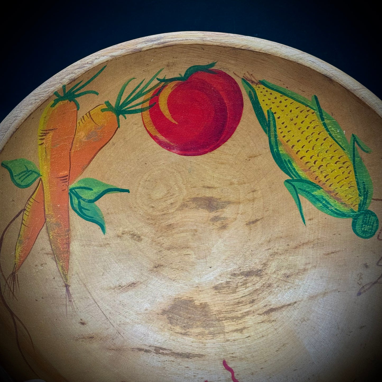 Hand Painted & Turned Wood Bowl with Vegetable Motif