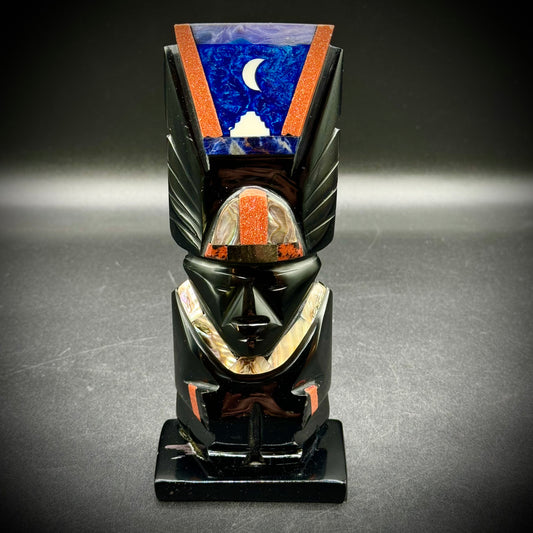 Aztec Statue Carved Onyx Inlaid Lapis, Druzy & Abalone