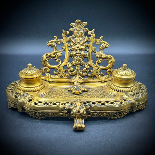 Stunning Brass Satyr Motif Ornate Scroll Footed Double Ink Well Desk Accent