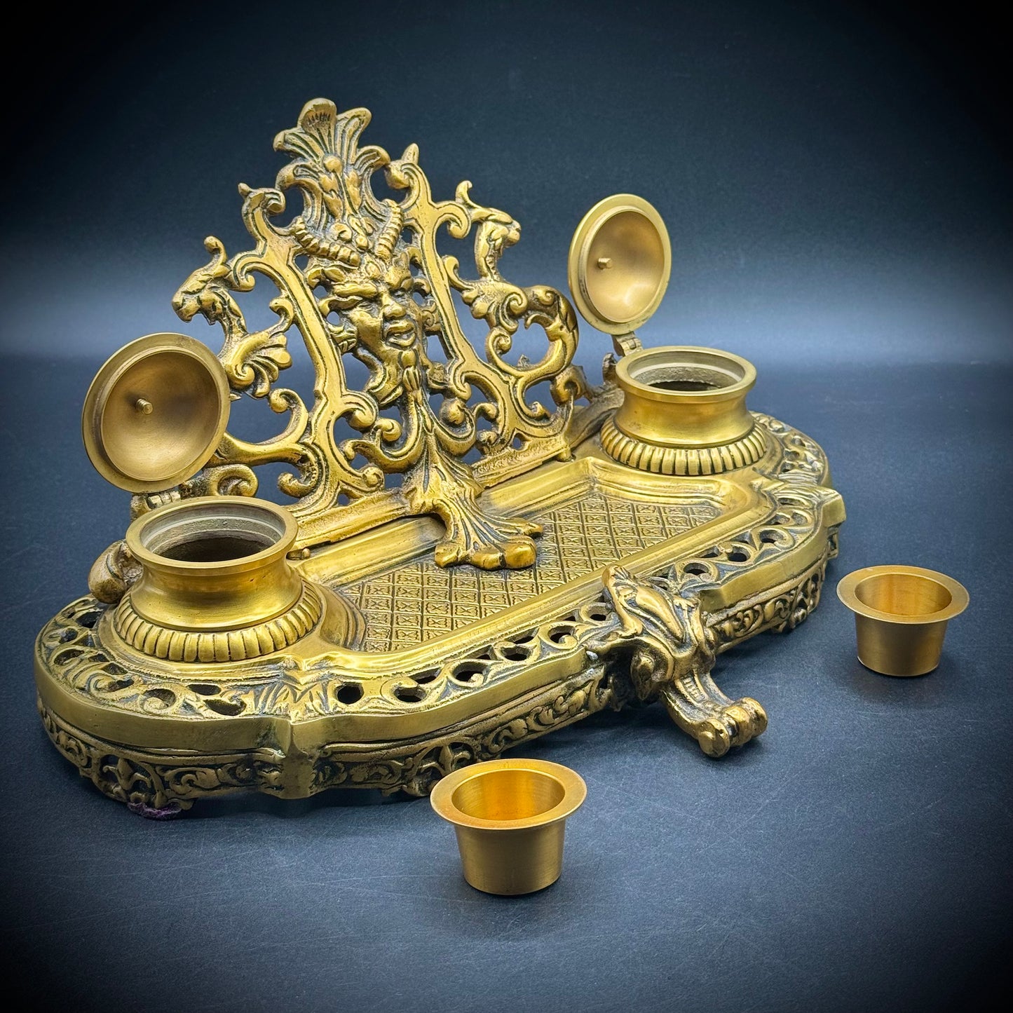 Stunning Brass Satyr Motif Ornate Scroll Footed Double Ink Well Desk Accent