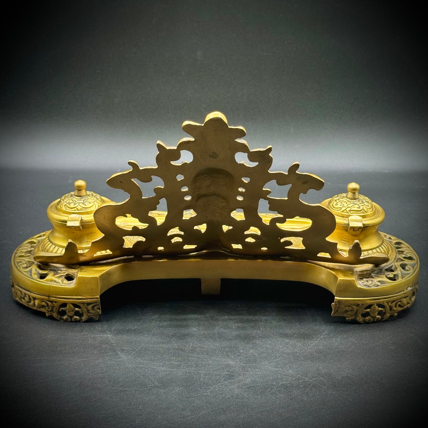 Stunning Brass Satyr Motif Ornate Scroll Footed Double Ink Well Desk Accent