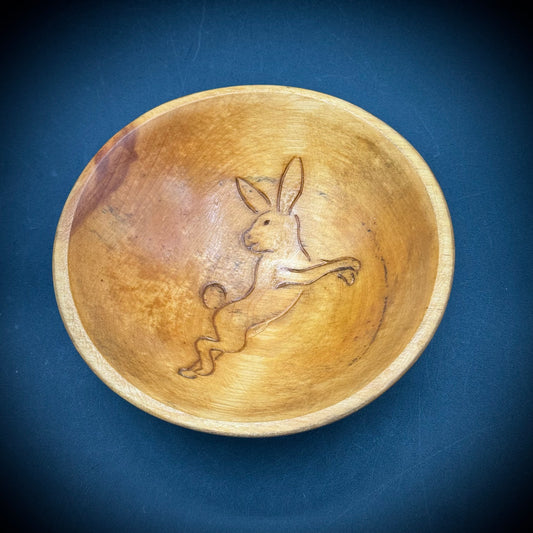 Hand Made Jack Rabbit Motif Wood Bowl
