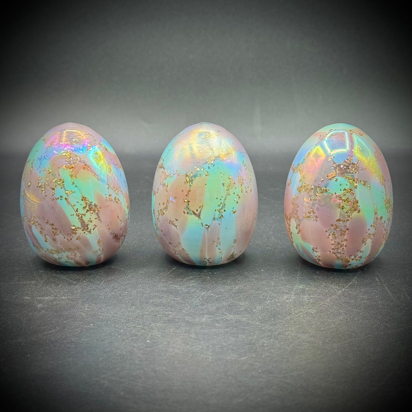 Three Art Glass Opalescent Decorative Eggs