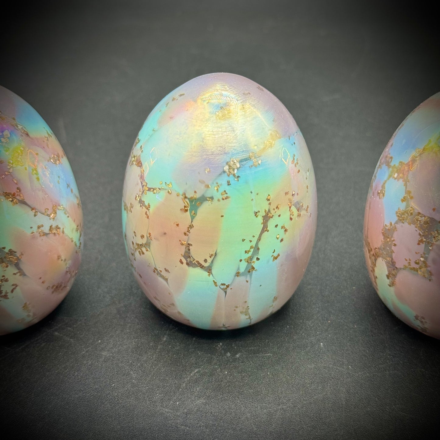 Three Art Glass Opalescent Decorative Eggs