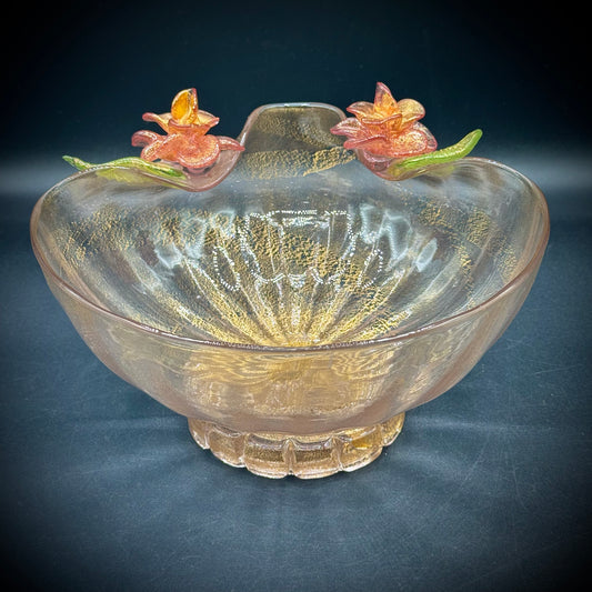 Exquisite Murano Glass Pedestal Bowl with Detailed Flower Motif & Gold Flecks