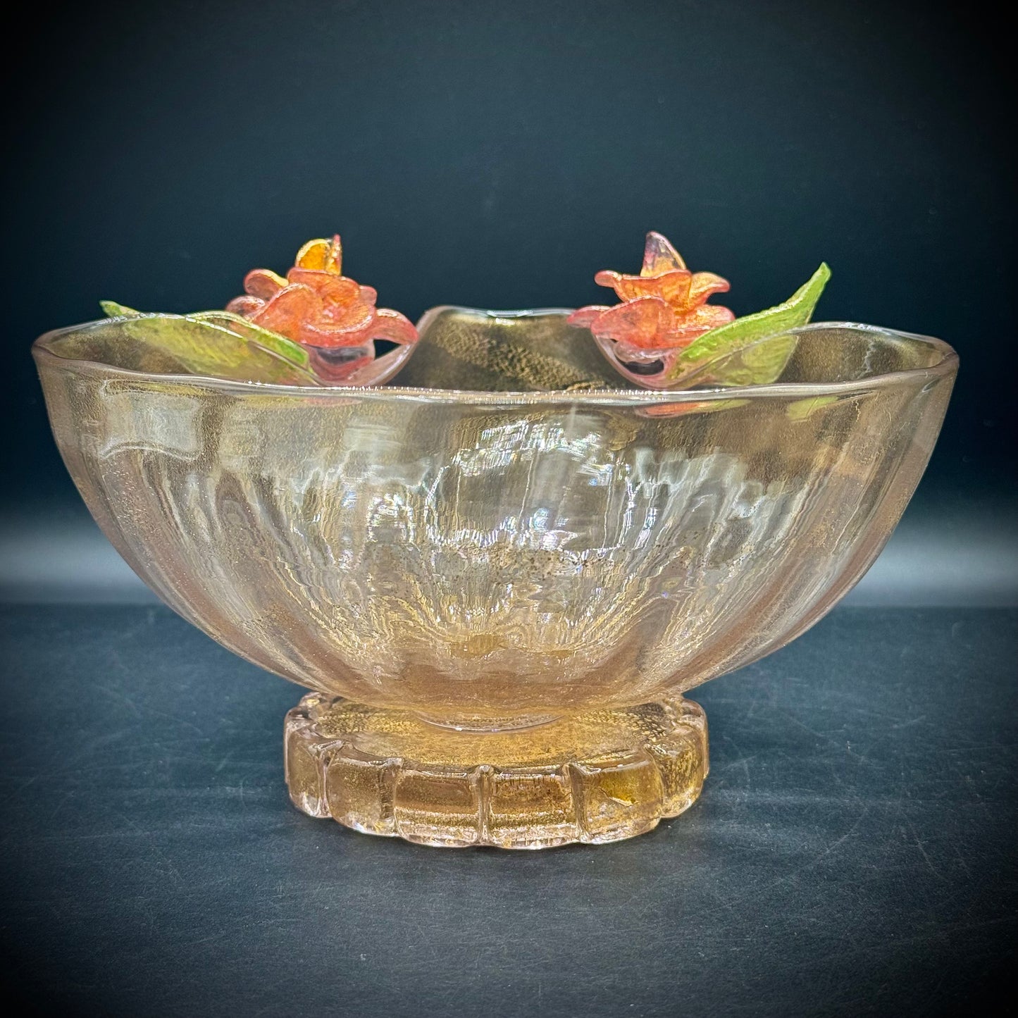 Exquisite Murano Glass Pedestal Bowl with Detailed Flower Motif & Gold Flecks