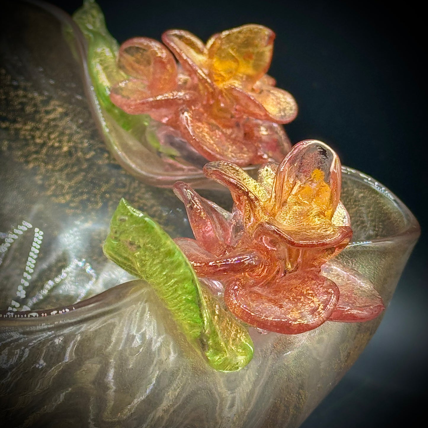 Exquisite Murano Glass Pedestal Bowl with Detailed Flower Motif & Gold Flecks