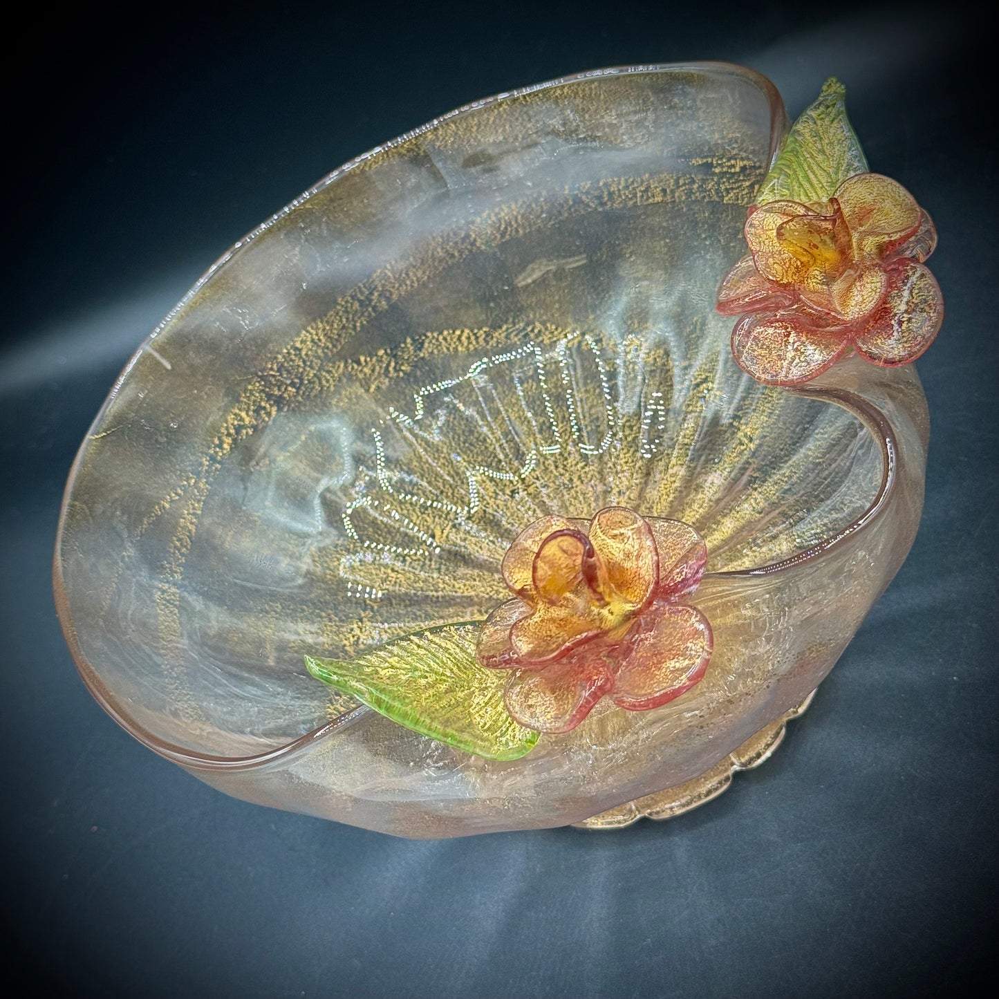 Exquisite Murano Glass Pedestal Bowl with Detailed Flower Motif & Gold Flecks