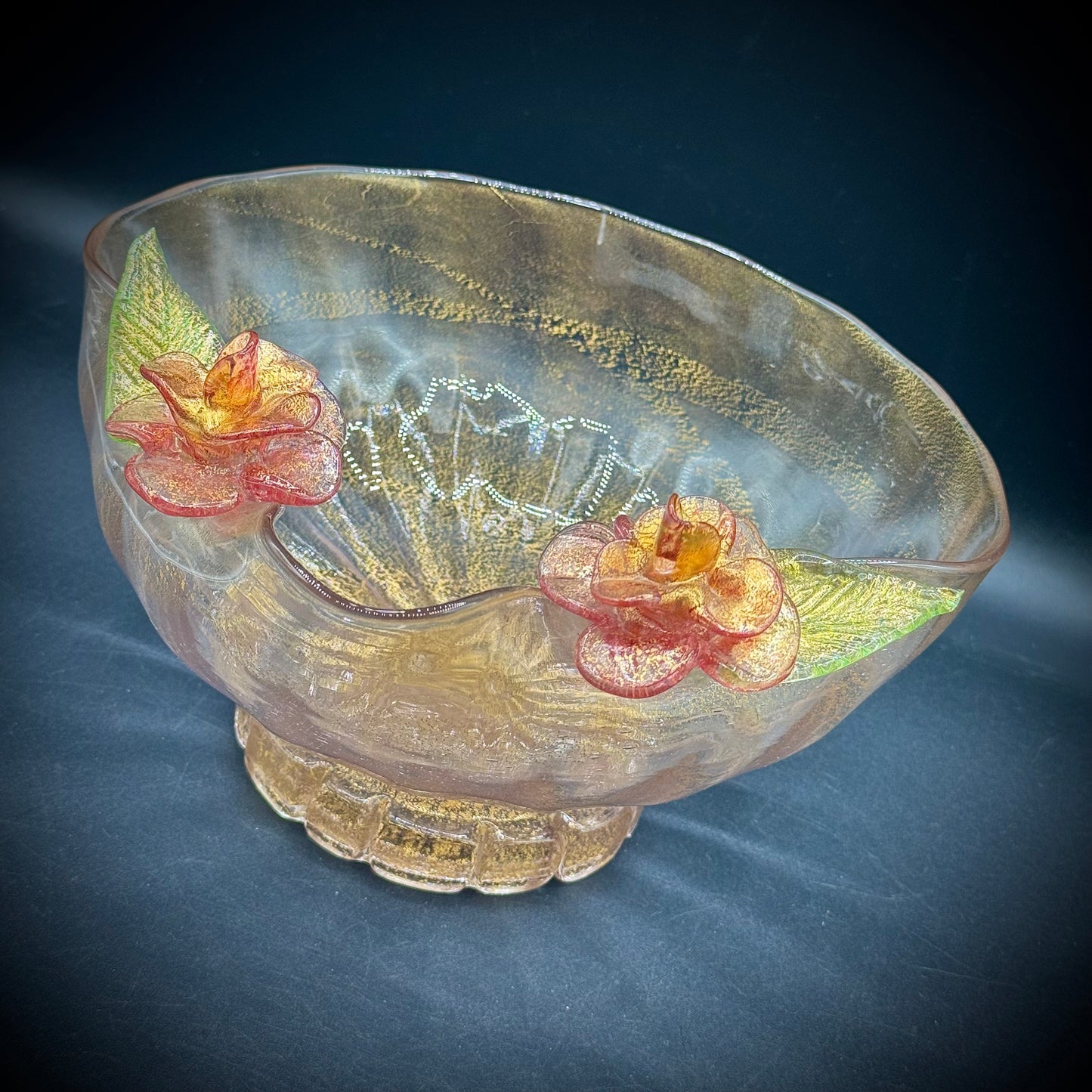 Exquisite Murano Glass Pedestal Bowl with Detailed Flower Motif & Gold Flecks