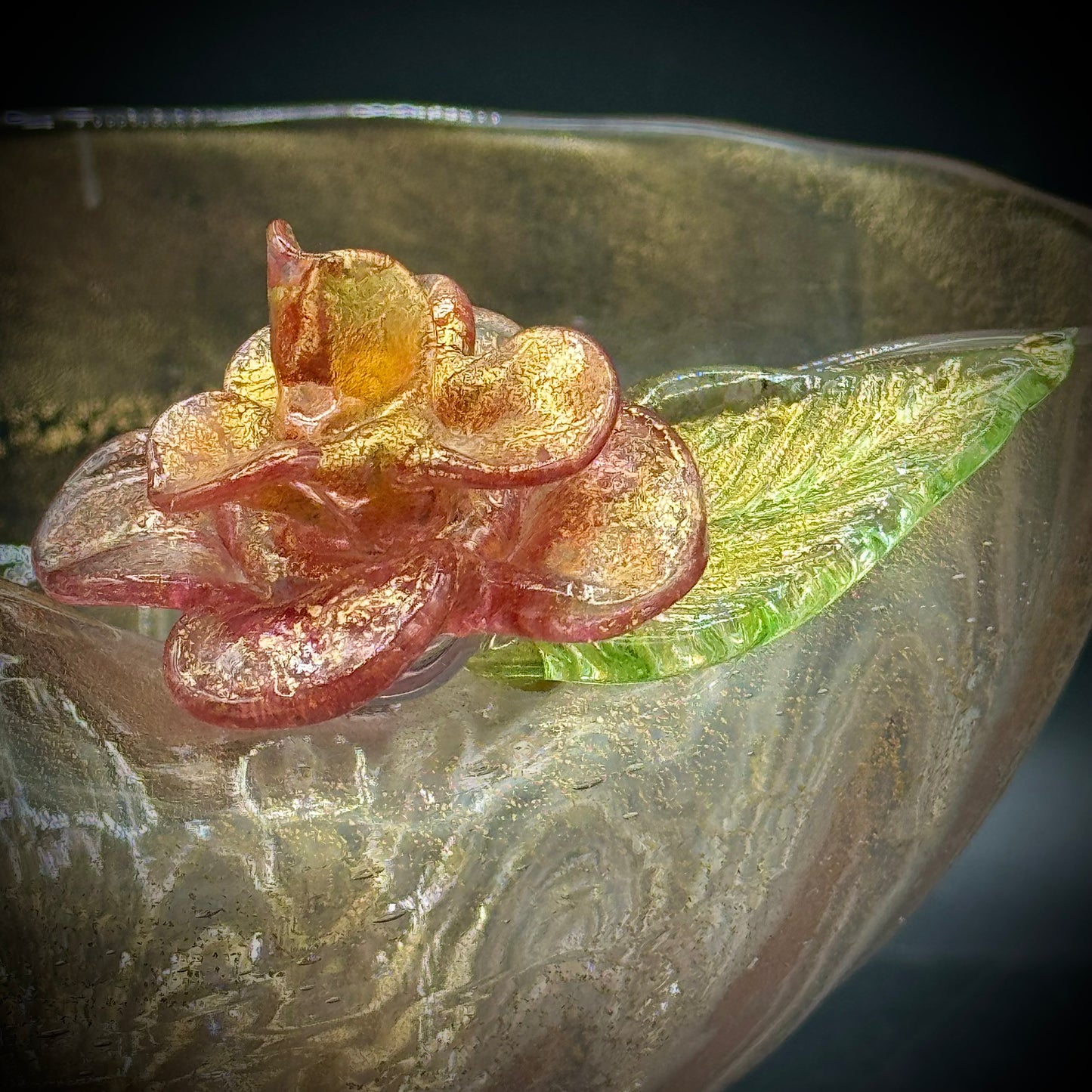 Exquisite Murano Glass Pedestal Bowl with Detailed Flower Motif & Gold Flecks