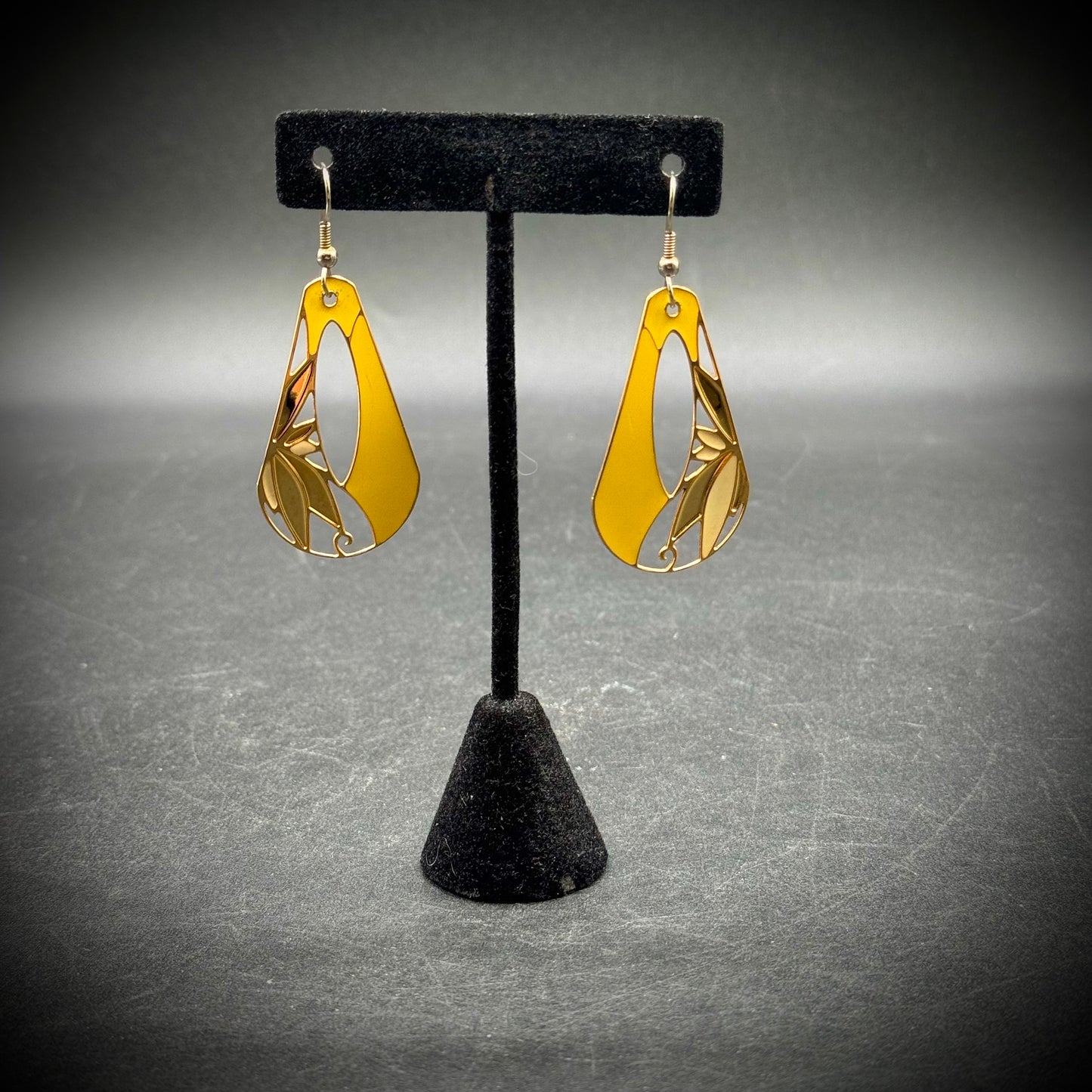 Yellow Enamel & Gold Tone Metal Earrings