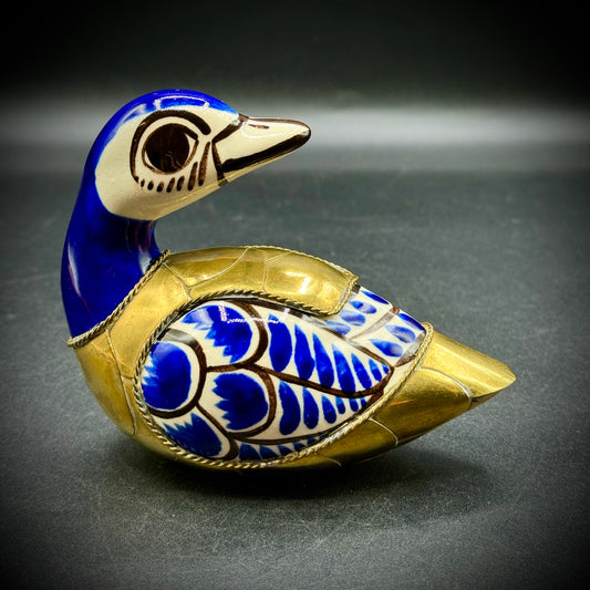 Vintage Mexican Pottery Duck Figurine w/Brass Accent