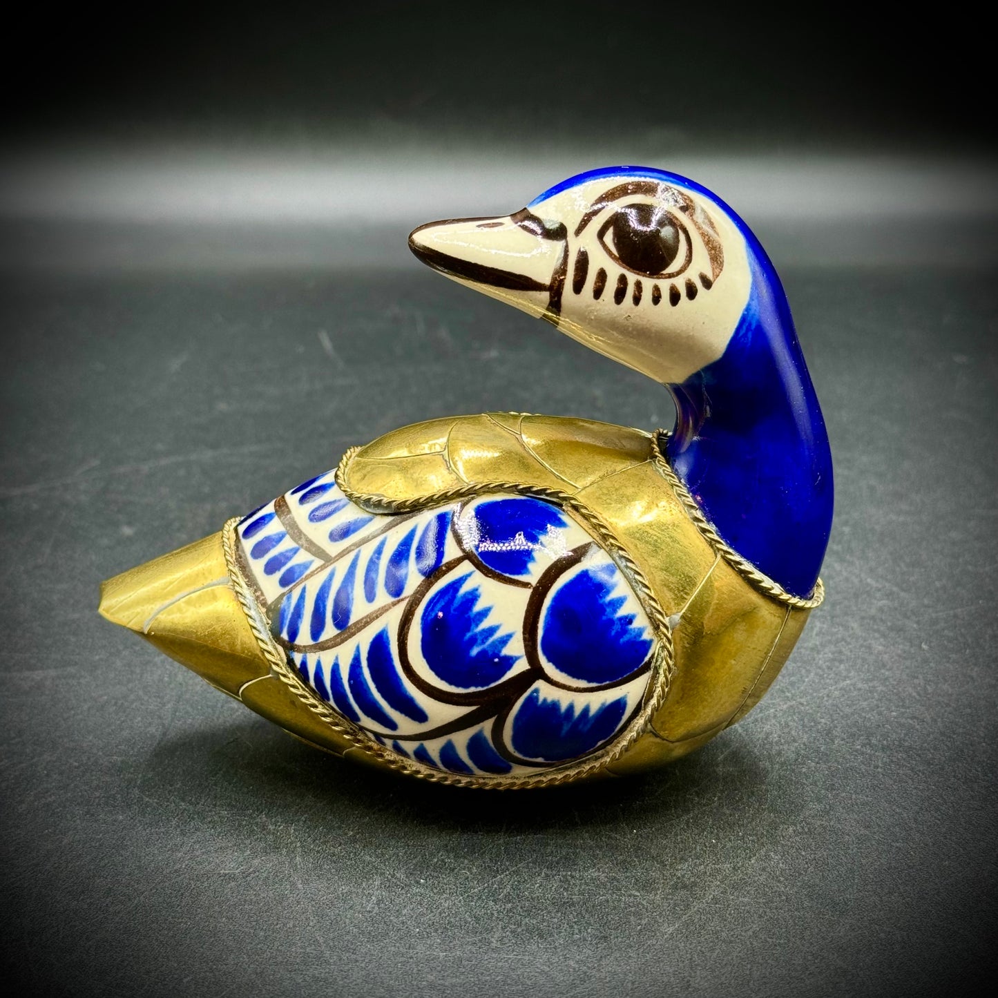 Vintage Mexican Pottery Duck Figurine w/Brass Accent