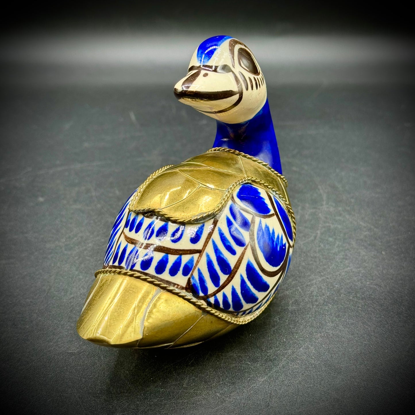 Vintage Mexican Pottery Duck Figurine w/Brass Accent