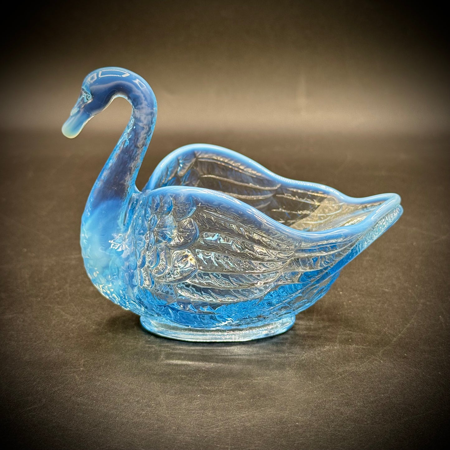 Vintage Fenton Opalescent Blue Swan Dish