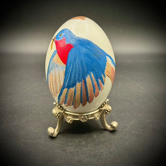 Hand Painted Ostrich Egg with Bird Motif & Heavy Silver Tone Stand