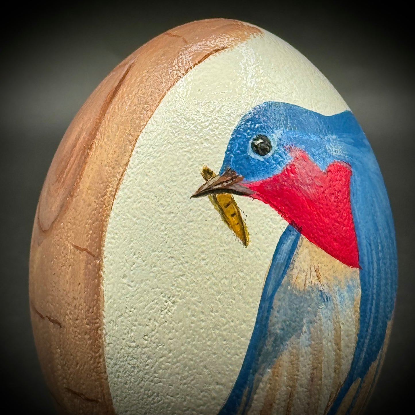 Hand Painted Ostrich Egg with Bird Motif & Heavy Silver Tone Stand