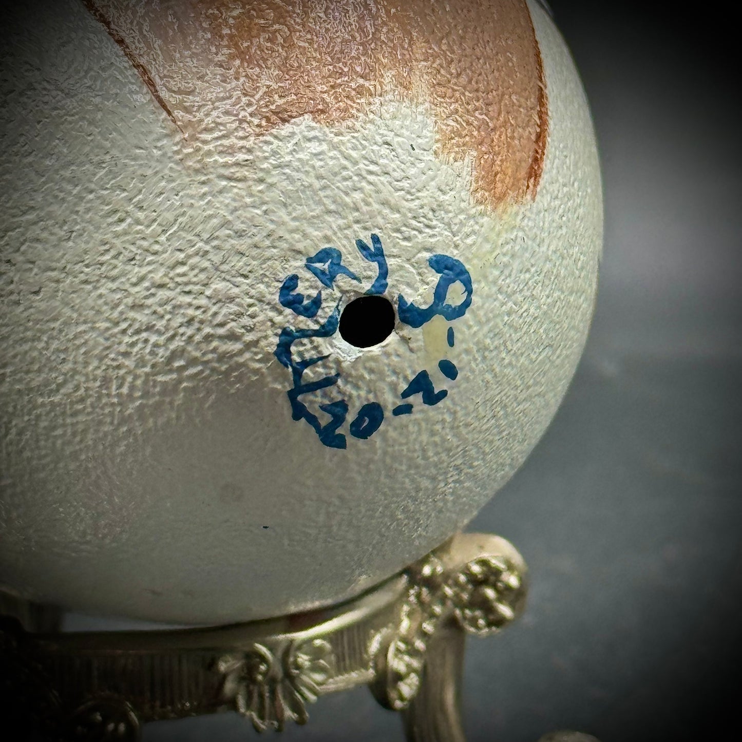 Hand Painted Ostrich Egg with Bird Motif & Heavy Silver Tone Stand