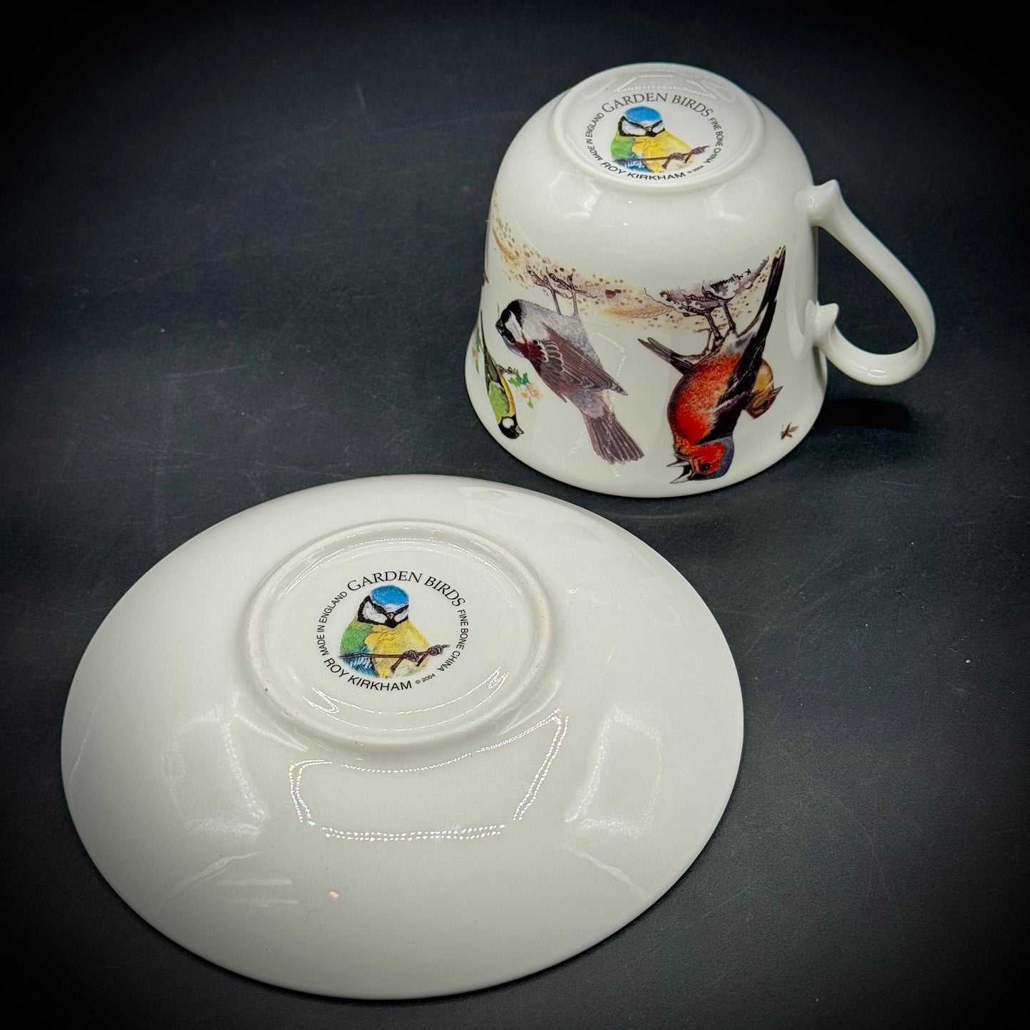 2004 Roy Kirkham English Bone China "Garden Birds" Tea Cup & Saucer