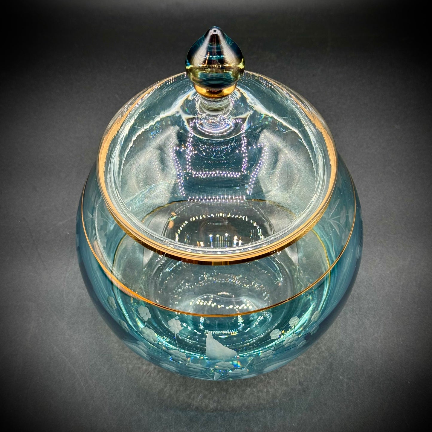 Vintage Etched Romanian Blown Glass Lidded Bowl