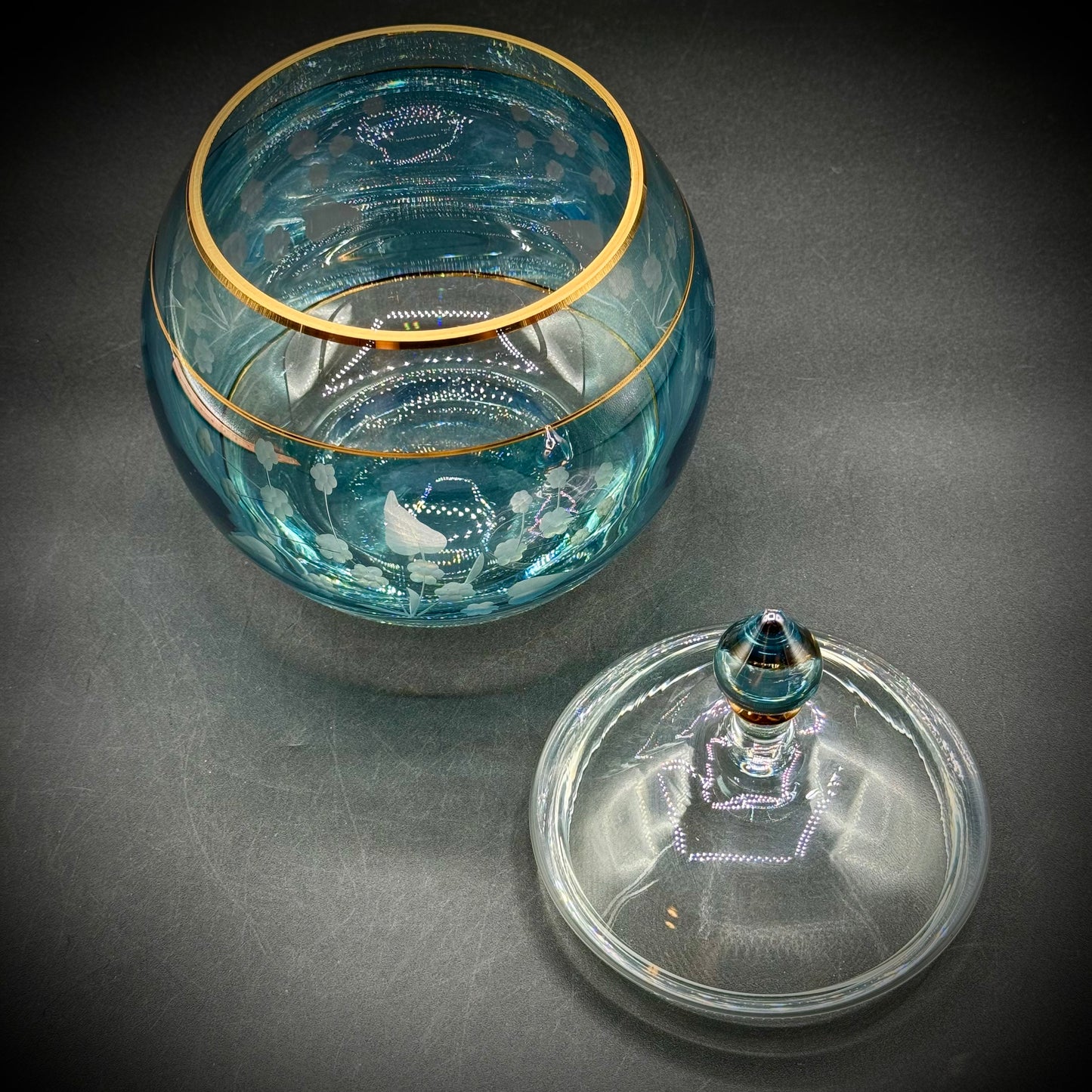 Vintage Etched Romanian Blown Glass Lidded Bowl