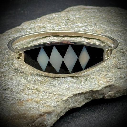 Vintage Alpaca Silver Bracelet with Onyx & Abalone