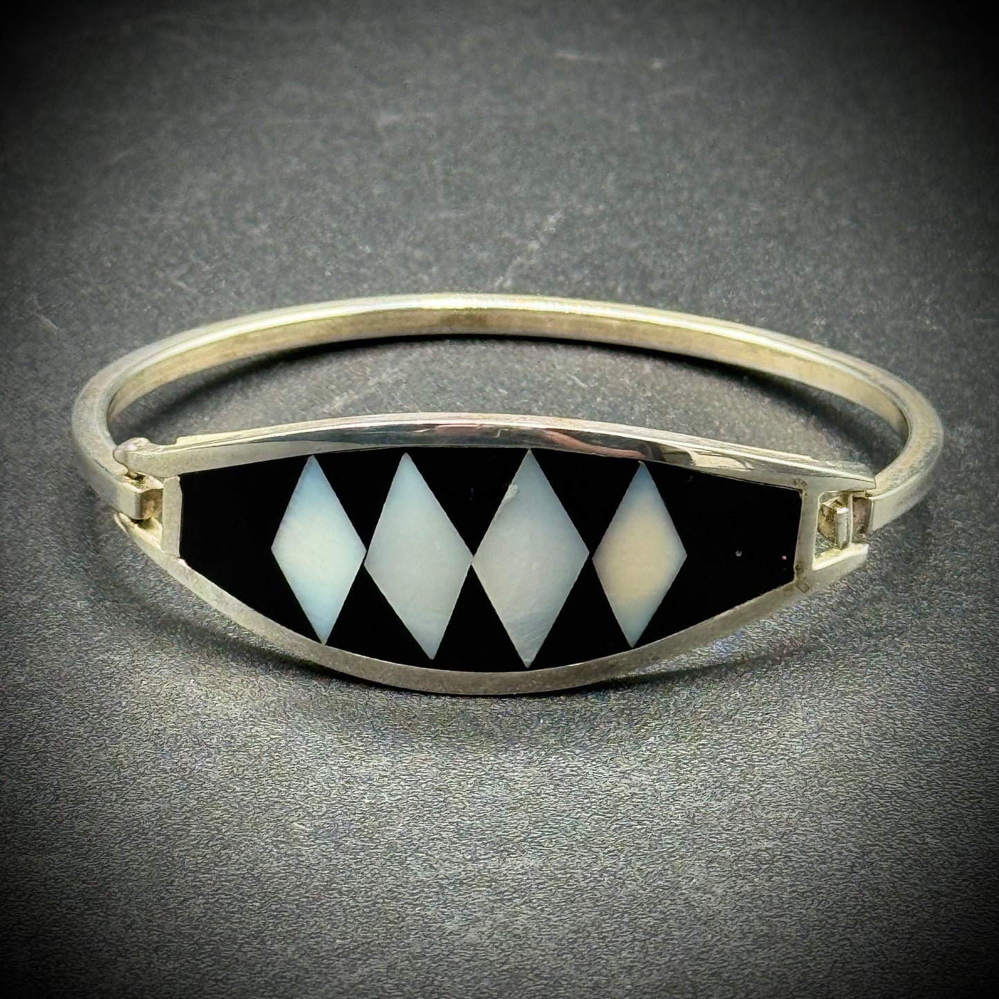 Vintage Alpaca Silver Bracelet with Onyx & Abalone