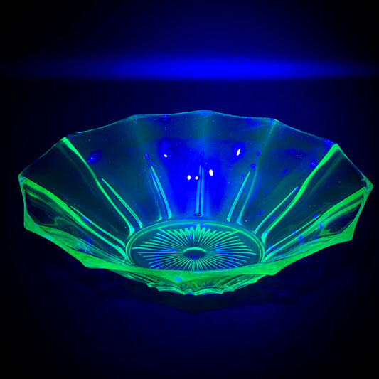 Vintage Uranium Glass Fancy Scalloped Edge Bowl