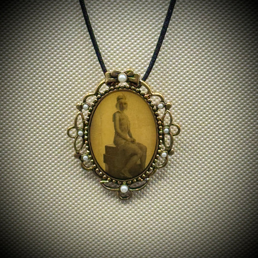 Vintage Gold Tone & Faux Pearl Pendant with Flapper Girl Photograph