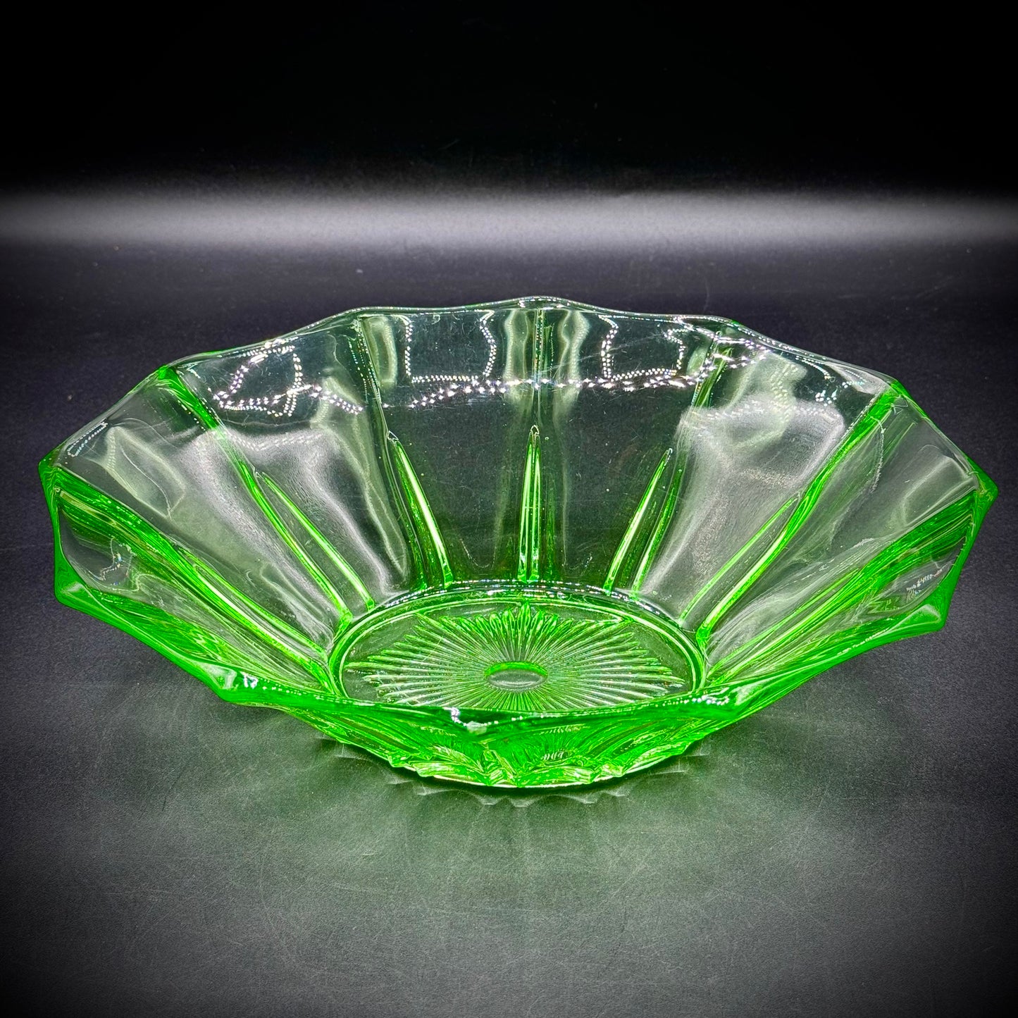 Vintage Uranium Glass Fancy Scalloped Edge Bowl