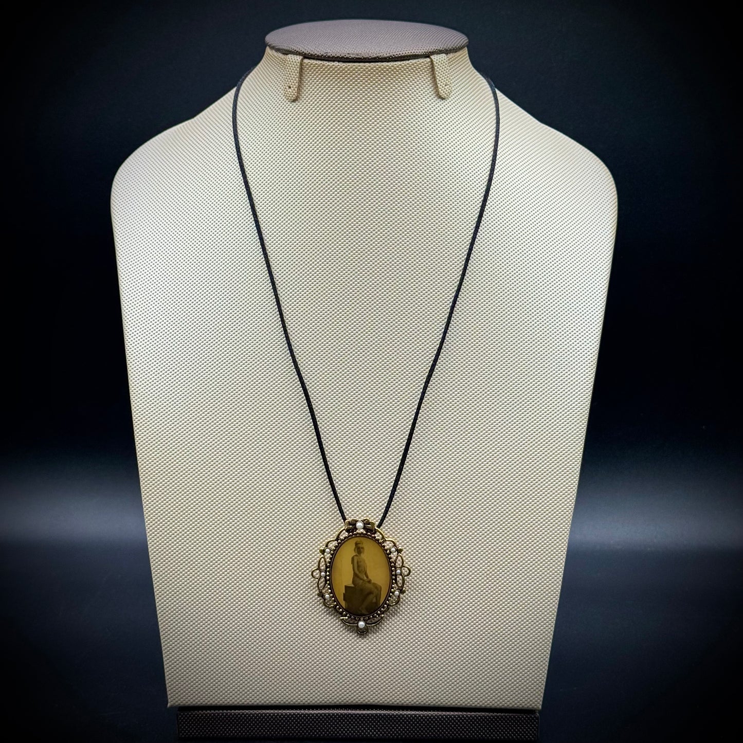 Vintage Gold Tone & Faux Pearl Pendant with Flapper Girl Photograph