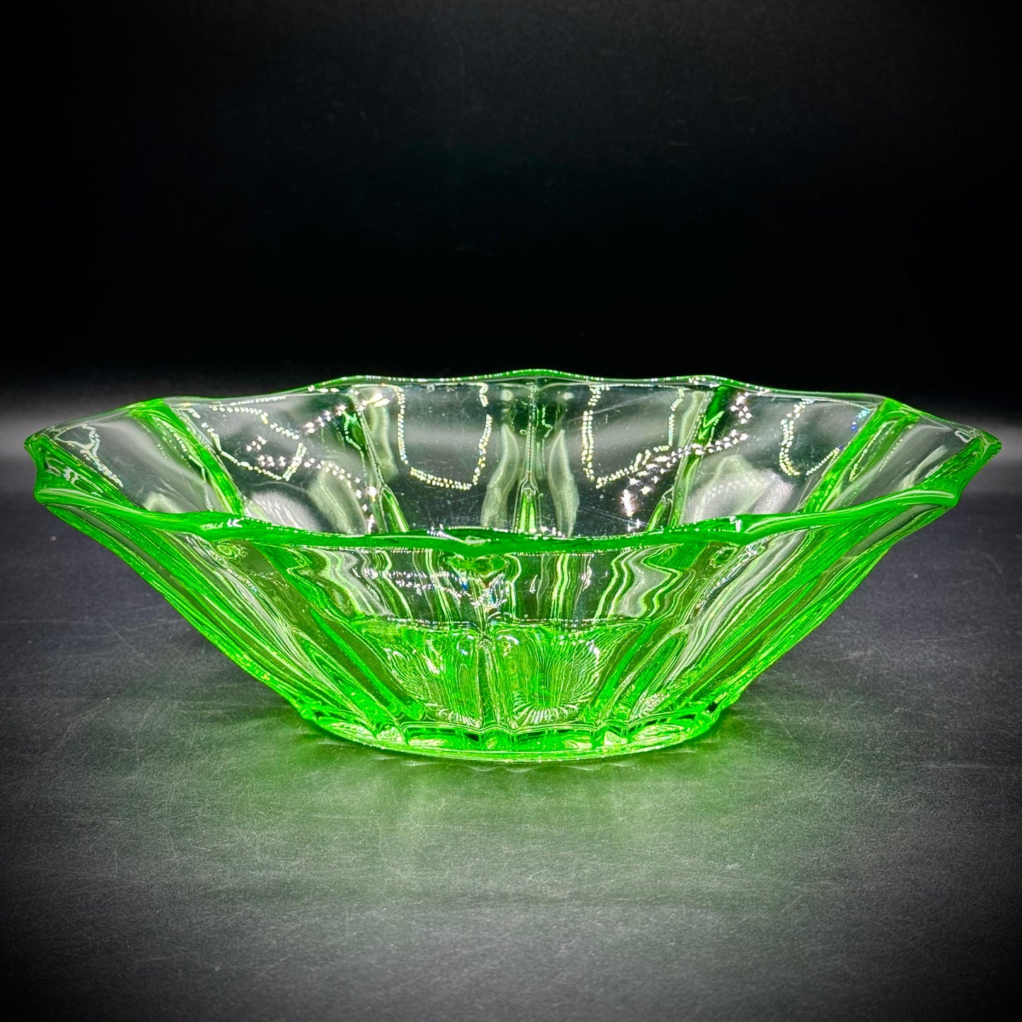 Vintage Uranium Glass Fancy Scalloped Edge Bowl