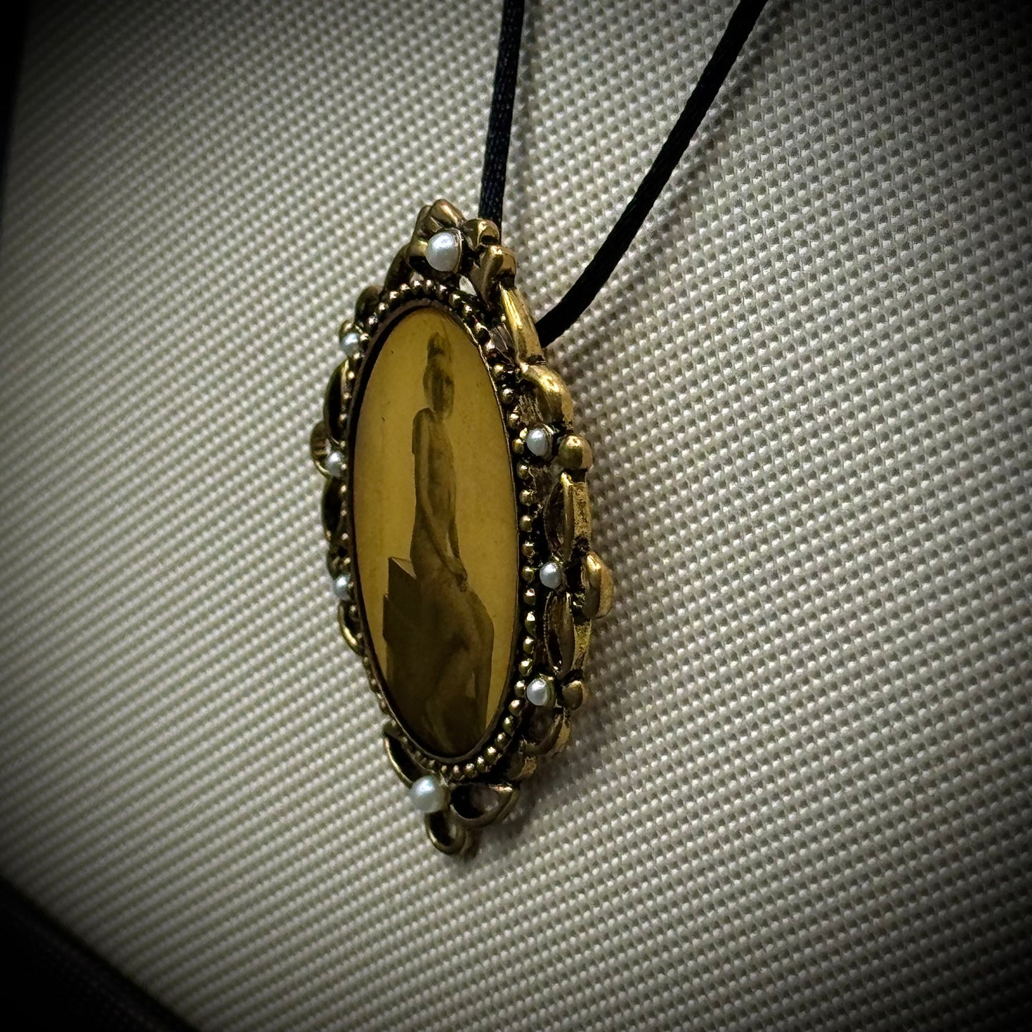 Vintage Gold Tone & Faux Pearl Pendant with Flapper Girl Photograph