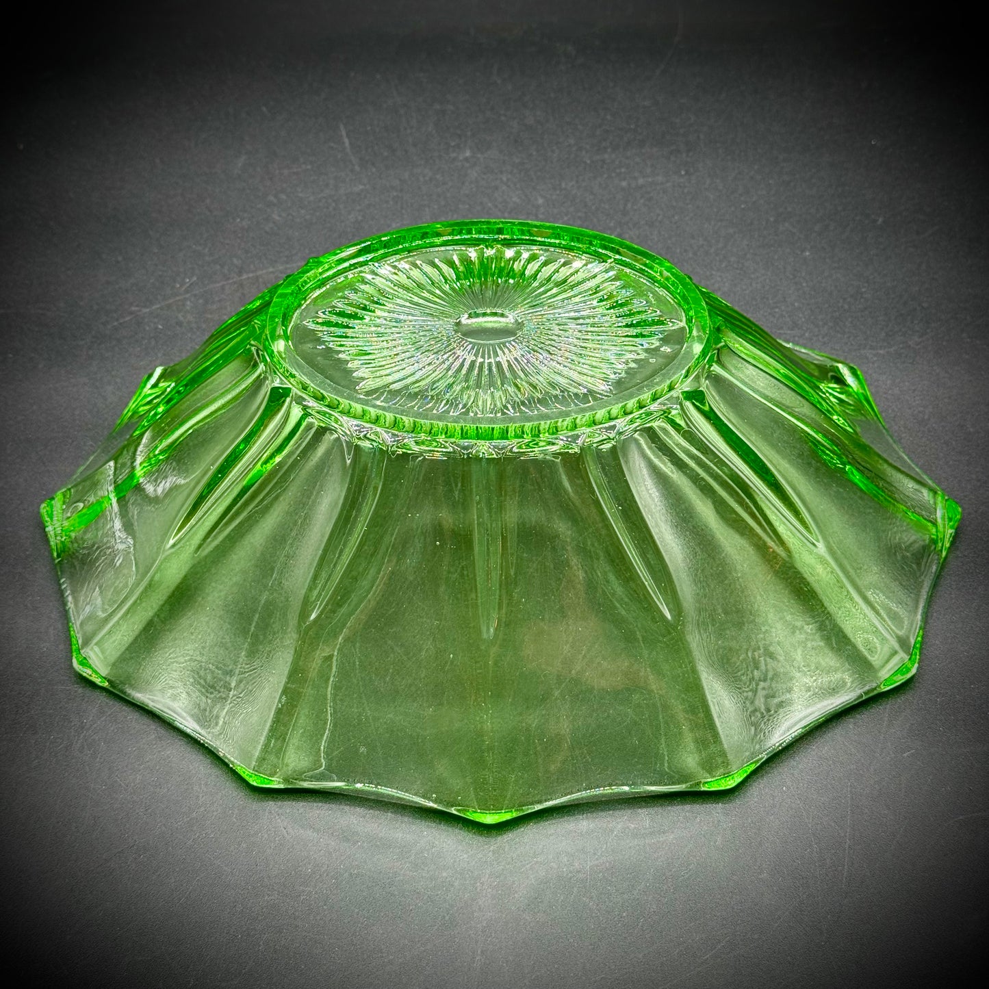 Vintage Uranium Glass Fancy Scalloped Edge Bowl