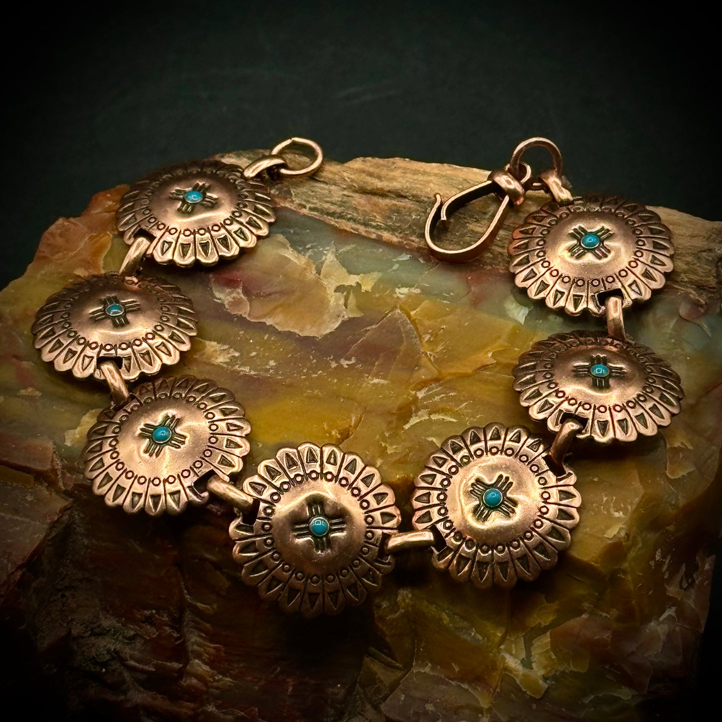 Vintage Solid Copper Zia Sun Link Bracelet