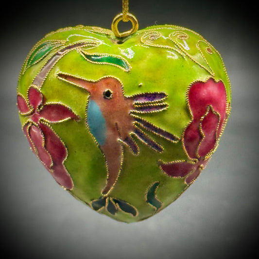 Hummingbird Motif Cloisonné Heart Hanging Decor