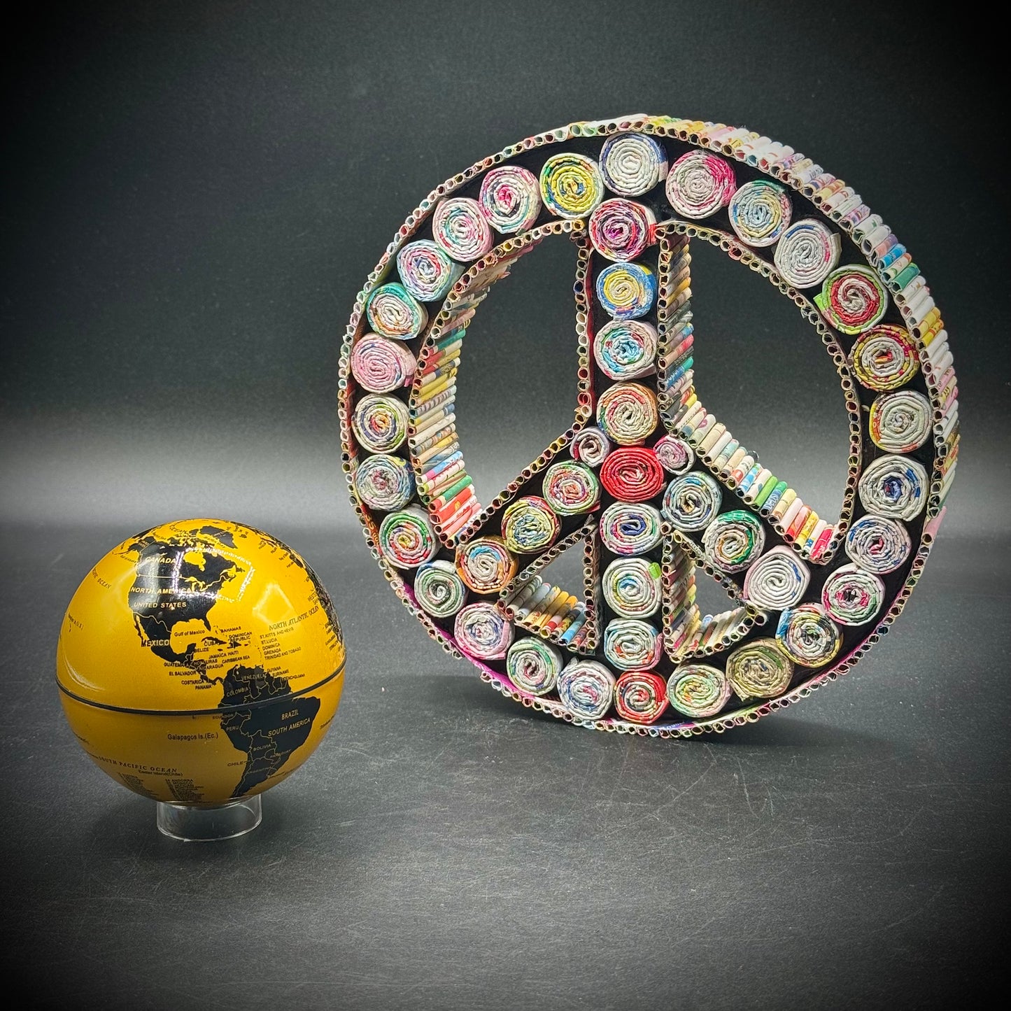 World Peace! Magnetic Globe and Recycled Magazine Peace Sign