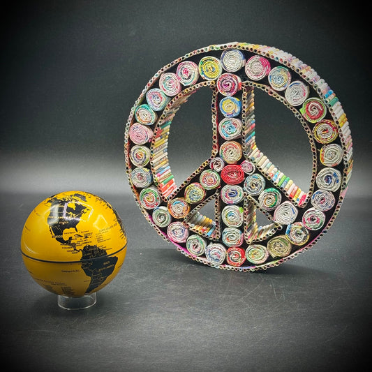 World Peace! Magnetic Globe and Recycled Magazine Peace Sign